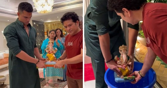 सचिन तेंडुलकरांच्या घरी गणरायाला भावपूर्ण निरोप; सानिया-साराचा पारंपरिक लूक चर्चेत